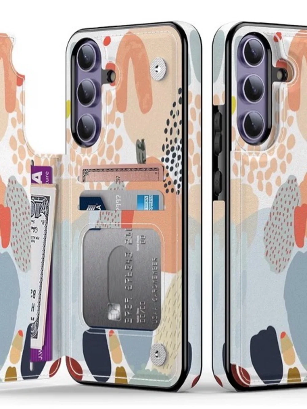 Stylish Abstract Print Wallet Phone Case with Card Slots - Peach & Blue  NIB